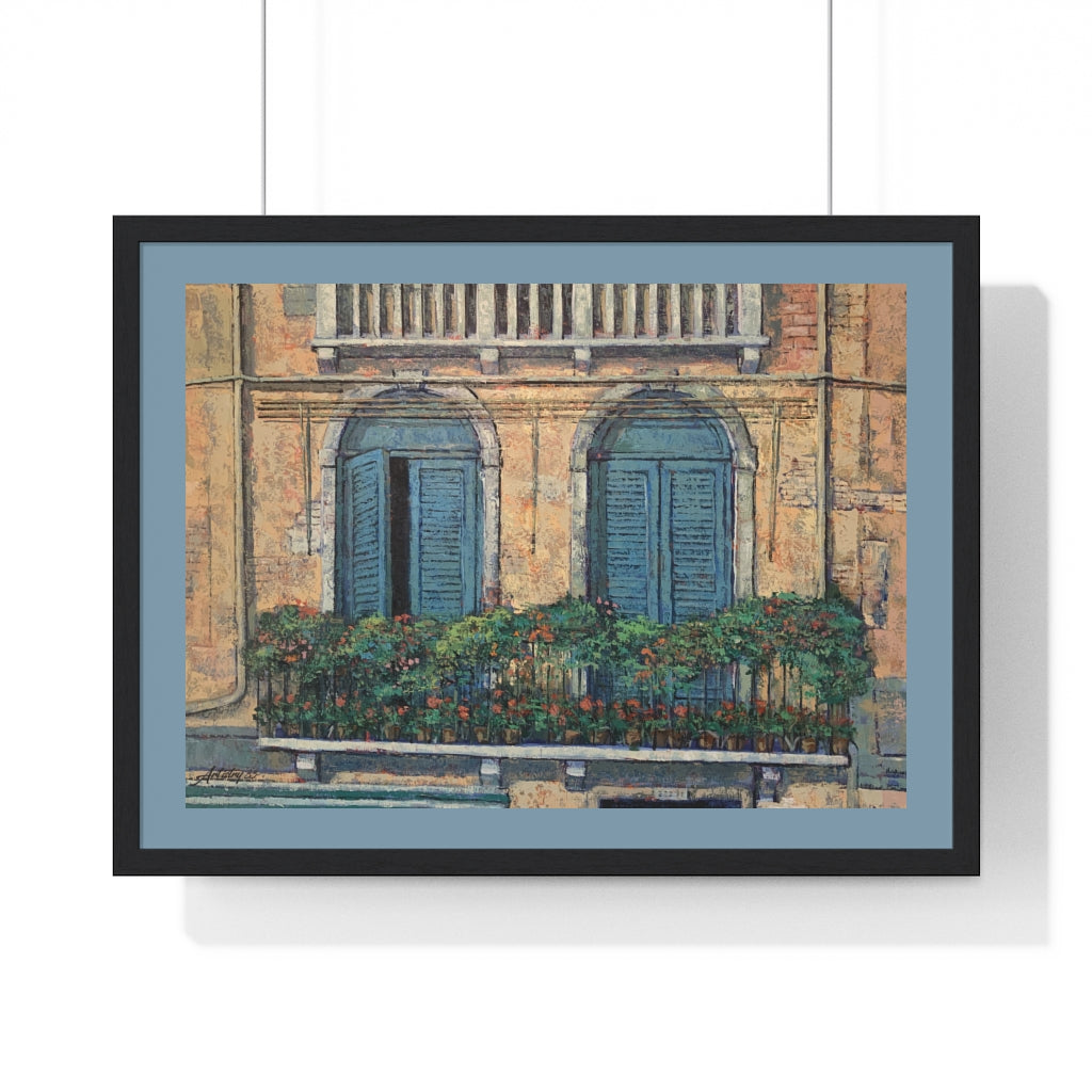 Travel - Italy Blue Shutters - Premium Framed Horizontal Poster