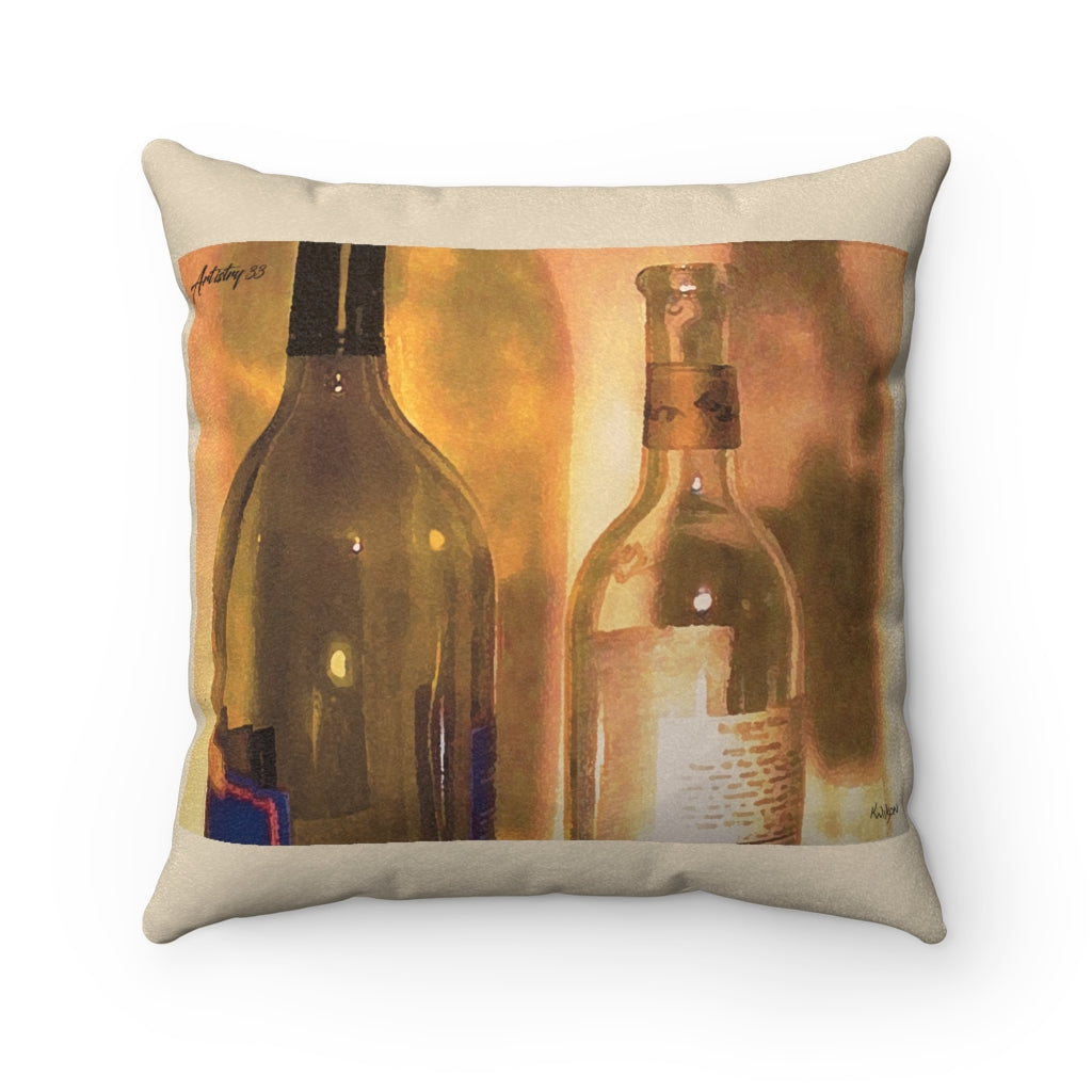Wine - 2 Olive Bottles - Faux Suede Square Pillow