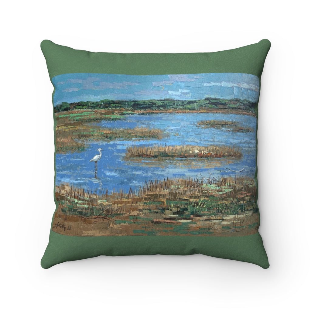 Coastal - Heron in Marsh - Faux Suede Square Pillow